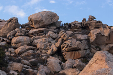 Moonlike rocky landscape with wWeathered granite rocks on the Greek island of Ikaria.