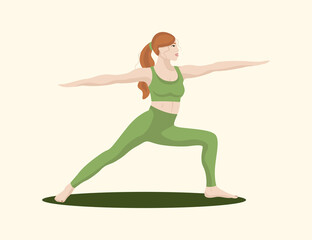 Woman with red hair standing Virabhadrasana II or Warrior Pose, Female cartoon character demonstrating Hatha yoga posture