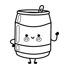 Funny cute happy soda characters. Vector hand drawn cartoon kawaii character illustration icon. Isolated on white background. Cute soda mascot. Outline cartoon illustration for coloring book