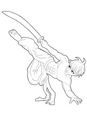 A strong muscular guy warrior drawn in the style of Japanese manga comics stands on one hand in the other holds a sword on him wide pants contour drawing