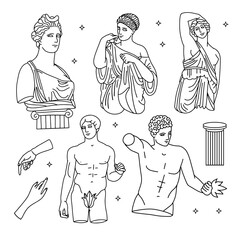Set of antique marble bodies of Greek gods and goddesses. Hand drawn liner engraving style vector illustration. © LanaSham