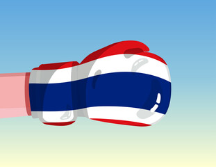 Flag of Thailand on boxing glove. Confrontation between countries with competitive power. Offensive attitude. Separation of power. Template ready design.