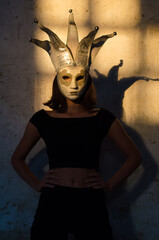 Portrait of young woman wearing carnival mask