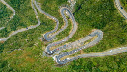 Vehicles Moving along Serpantine Road in Mountain Gorge Through Dense Green Pine Woods. Aerial View
