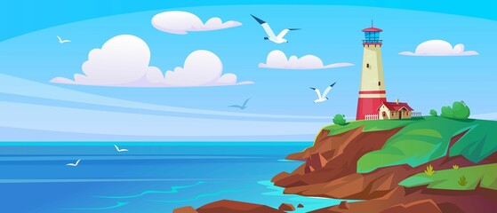 Lighthouse on a sea shore in summer. Landscape view of an ocean beacon on a hill in a bay. Small waves on a rocky beach and seagulls in a blue sky. Cartoon style vector illustration. © Microstocker.Pro