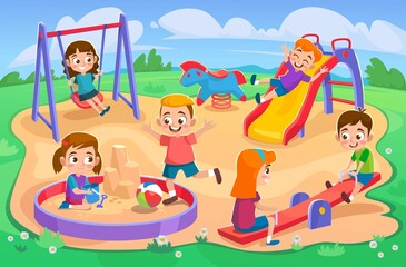 Obraz na płótnie Canvas Happy kids are having fun on a playground in a park in summer. Boys and girls are sliding from a slide, playing ball, rocking on a swing and digging in a sandbox. Cartoon style vector illustration.