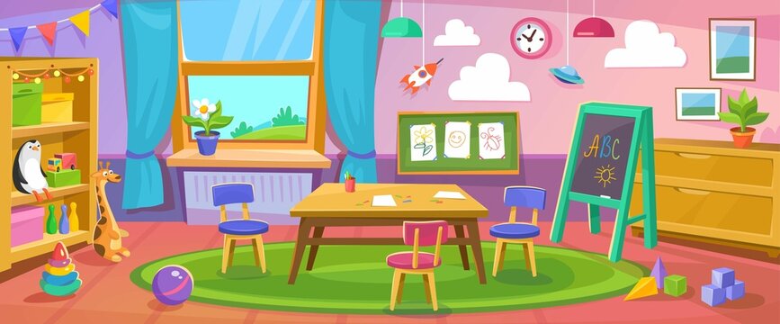 Empty kindergarten room or nursery interior design with toys and furniture. Inside a kid's room for games with a blackboard, cubes, table, rocket and penguin. Cartoon style vector illustration.