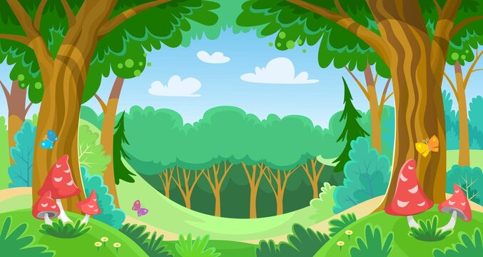 Cartoon fairy tale forest in summer or spring. Magic mushrooms and trees in the woodland. Green meadow in a fantasy world. Bright butterflies in a dreamland. Vector background with copy space.