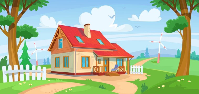 A country house among trees in a forest with a rocking chair on a porch and a chimney on a roof. View on green fields and wind turbines. Summer in the countryside. Cartoon style vector illustration.