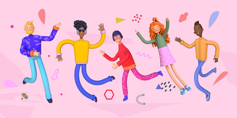 Happy young man and woman jumping in the air cheerfully. Concept of freedom Trendy 3d illustration isolated on white background.