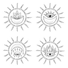 Bohemian set. Sun moon lotus all seeing eye. Ancient amulet. Symbol of divine power. Gods eye. Hand drawn vector illustration.