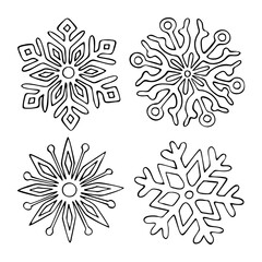 Set snowflakes doodle line art. Frozen ice crystals with different patterns. Winter symbol. Hand drawn vector graphic black and white illustration.b