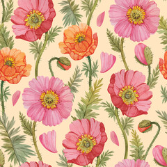 Seamless pattern with colorful watercolor poppies. Floral print with poppies on a light yellow background.