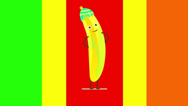Banana cutting animation. Bouncing banana on a bright background. Video animation of a banana.
