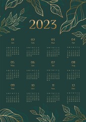 Vector illustration. Green background calendar 2023 template with golden nature elements. Week Starts on Sunday. Calendar 2023 a4 printable template decorated with golden nature elements