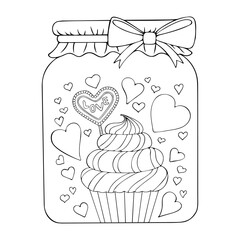 Coloring book glass jar with cake line art. Sweet Valentine cupcake hearts. Hand drawn vector black and white illustration.