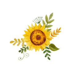 Watercolor illustration of cartoon simple sunflowers composition with leaves and cereals. For summer vibe designs and decorations