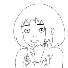 Black and white lines drawing, little girl expresses joy by folding her hands together. Child's feelings and emotions