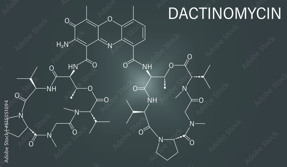 Poster skeletal formula of dactinomycin cancer chemotherapy drug molecule. also known as actinomycin d.