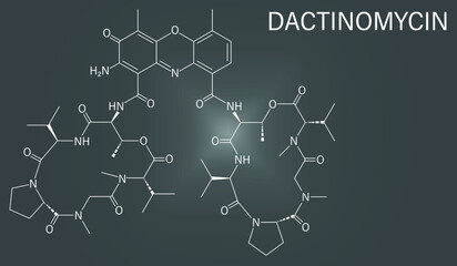 Skeletal formula of Dactinomycin cancer chemotherapy drug molecule. Also known as actinomycin D. 