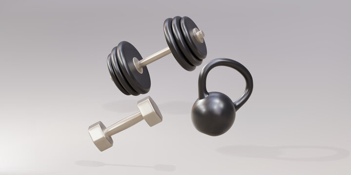 Two 3d dumbbells and a kettlebell on a gray background. Vector illustration.