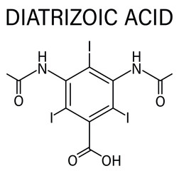 Skeletal formula of Diatrizoic acid contrast agent molecule. Also known as Diatrizoate or Amidotrizoate.