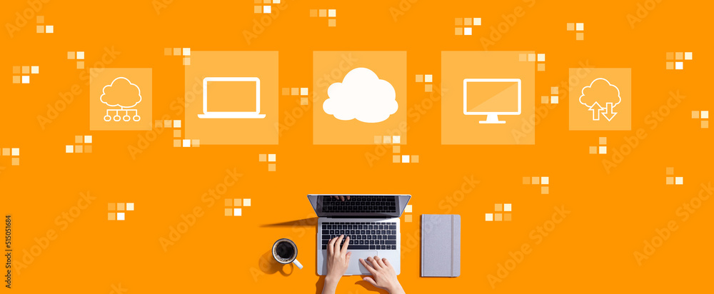 Poster cloud computing with person working with a laptop