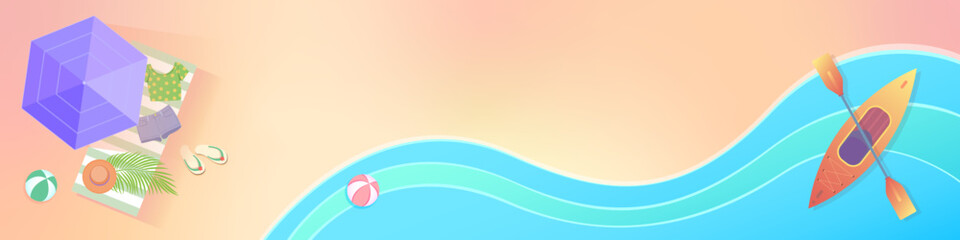 Banner for website, travel and vacation. Top view of the beach with sun umbrella and deck chair, kayak on the waves. Resort by the sea. Vector illustration