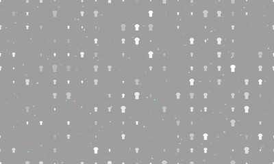 Seamless background pattern of evenly spaced white t-shirt symbols of different sizes and opacity. Vector illustration on gray background with stars