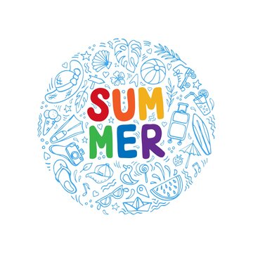 Summertime symbols hand drawn circle composition with rainbow letters. Resort objects, cartoon pictures, summer vacation theme. Doodle design elements, social media stickers, etc