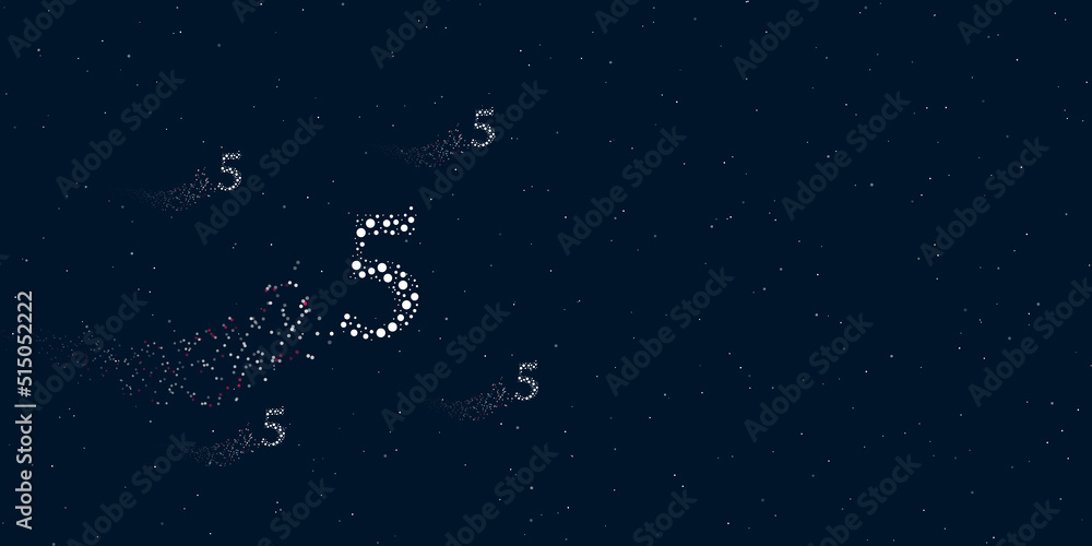 Poster a number five symbol filled with dots flies through the stars leaving a trail behind. there are four