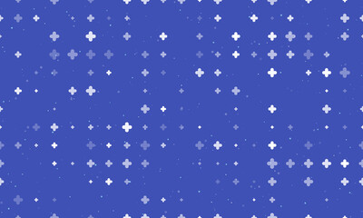 Fototapeta na wymiar Seamless background pattern of evenly spaced white quatrefoil symbols of different sizes and opacity. Vector illustration on indigo background with stars