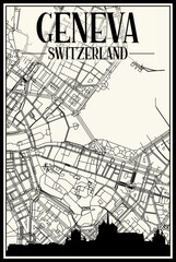 Light printout city poster with panoramic skyline and hand-drawn streets network on vintage beige background of the downtown GENEVA, SWITZERLAND