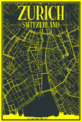 Yellow printout city poster with panoramic skyline and hand-drawn streets network on dark gray background of the downtown ZURICH, SWITZERLAND