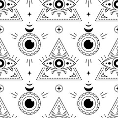 Evil eyes seamless pattern. Line art various talismans, protection. Flat design monochrome modern trendy design