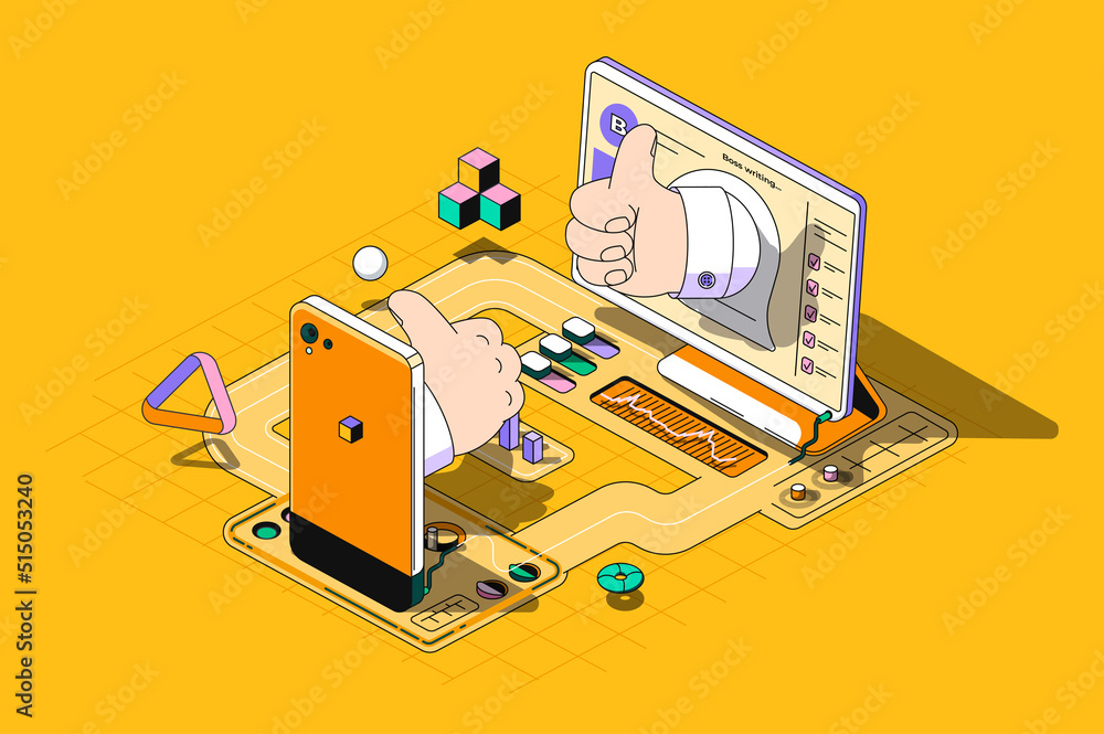 Fototapete Feedback concept 3d isometric outline web design. Clients leave high rating, likes. Users comments with good experience, positive quality. Vector web illustration with abstract line people composition