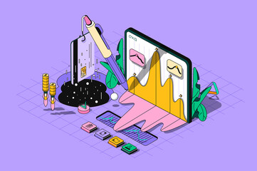 Stock market concept 3d isometric outline web design. Trading on stock exchange, analysis of financial statistics, investment strategy. Vector web illustration with abstract line people composition