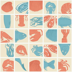 seamless vector pattern on the theme of crustaceans, fish and molluscs