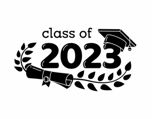 Class of 2023 year graduation sign, awards concept. Banner in monochrome style. Black emblem, white background. Creative design for your greetings card, simple design on white background, card, invita