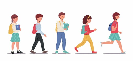 Group of school children back to school. Set of boys and girls going to elementary or middle school. Education. Flat vector illustration.