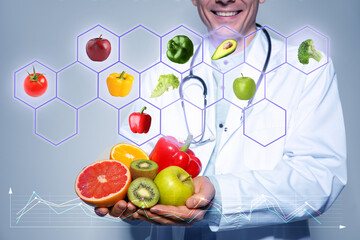 Nutritionist with fresh products on light background and images of different vegetables and fruits,...