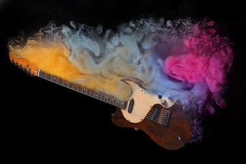 Electric guitar with colorful smoke on black background, stylish design. Rock music concept