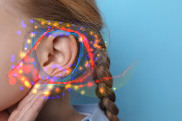 Woman and sound waves illustration on light blue background, closeup. Hearing concept