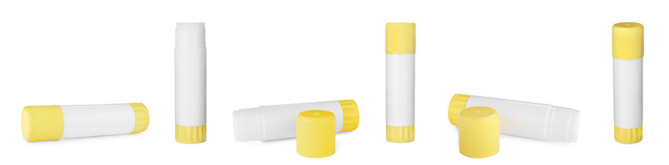 Set with glue sticks on white background. Banner design