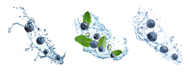 Fresh ripe blueberries and splashing water on white background, collage. Banner design - obrazy, fototapety, plakaty