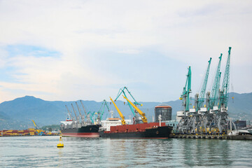 Shipyard with cranes and vessels on water