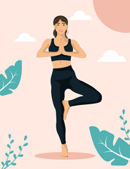 Cute slim woman standing in Tree pose, exercising in a beautiful environment