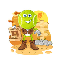 tennis ball cowboy with wanted paper. cartoon mascot vector