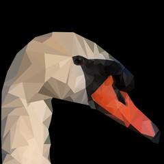 Single, isolated white goose in polygonal, crystal design on black background. 