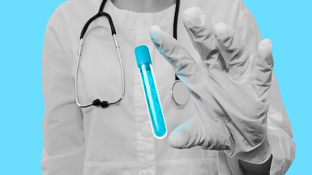 A scientist or doctor in gloves holds a blue test tube with dna. Medical banner for advertising stem cell treatment, genetic research, virology, analysis and high technologies in medicine.Medicine of